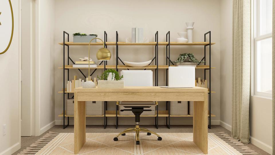 A table with a stool and shelves.